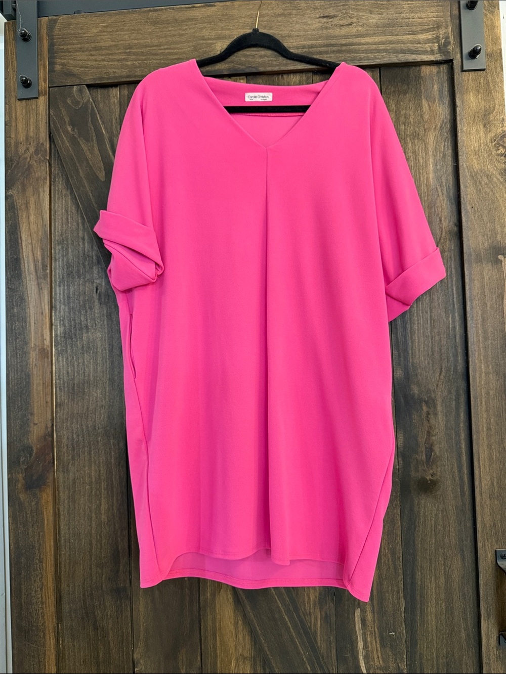 Carole Christian V-Neck Roll-Sleeve Dress in Bright Pink